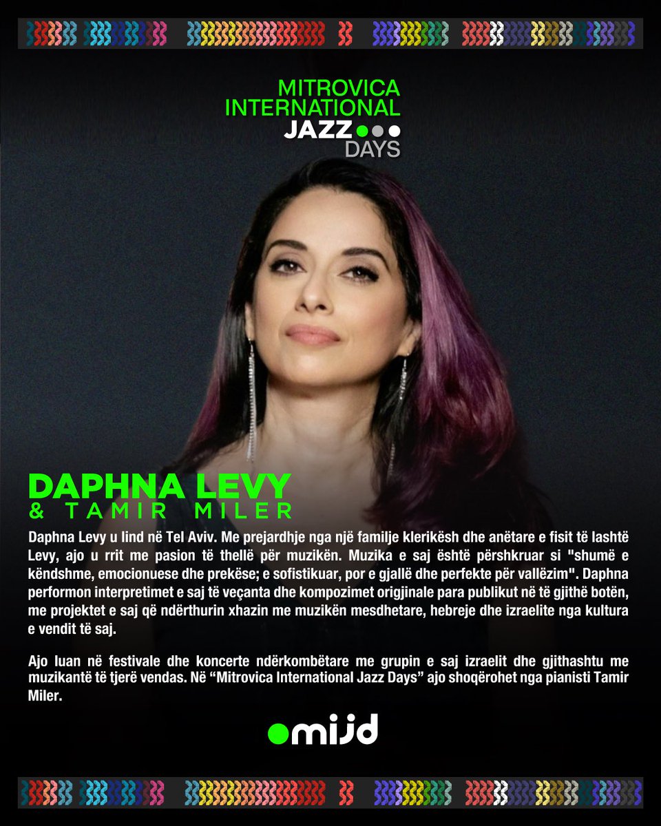 Please welcome the Israeli singer 𝐃𝐚𝐩𝐡𝐧𝐚 𝐋𝐞𝐯𝐲, who will be performing on the last night of the Mitrovica International Jazz Days festival! 🤩

🗓️ 02.09.2023
📍”Isa Boletini” Square, Mitrovicë, Kosovë