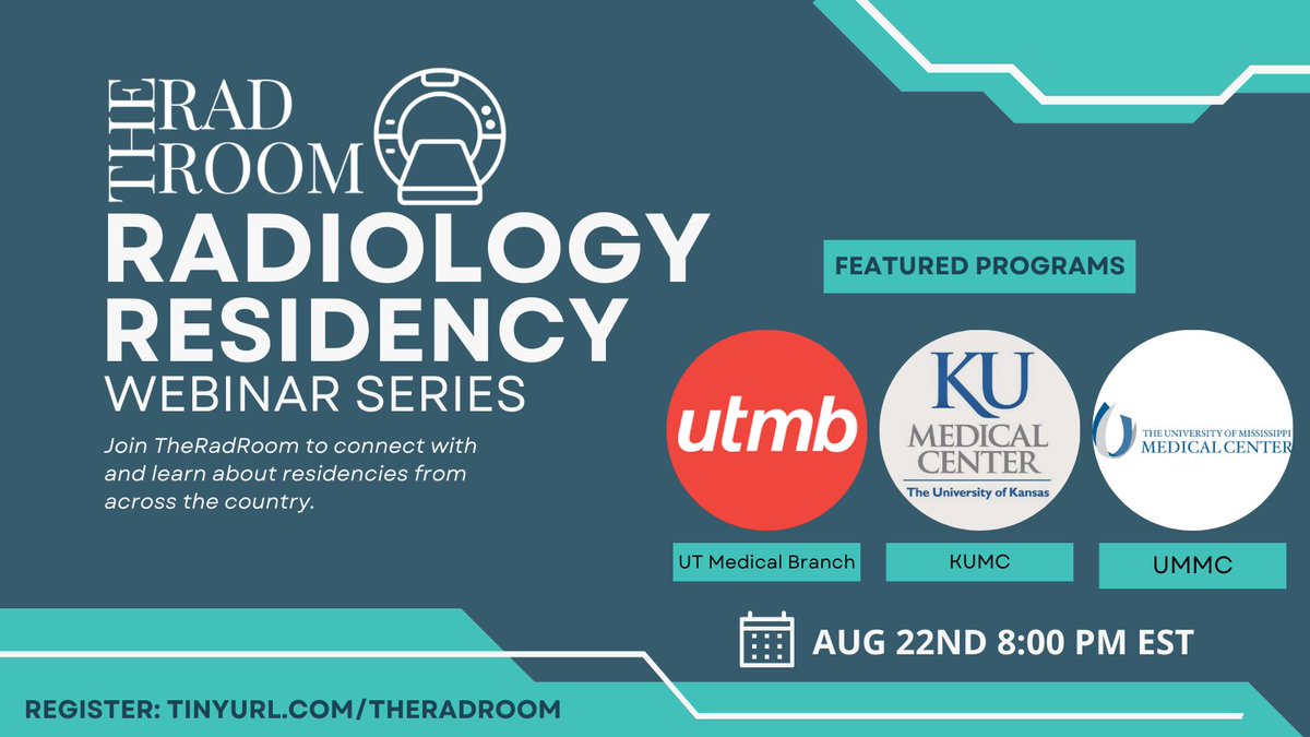 Our #Match2024 Radiology Residency Series continues TOMORROW at 8 PM EST, featuring @KURadiology, @UtmbRadiology, and @UMMCRads @UMMC_IR Register here if you haven't already: tinyurl.com/theradroom