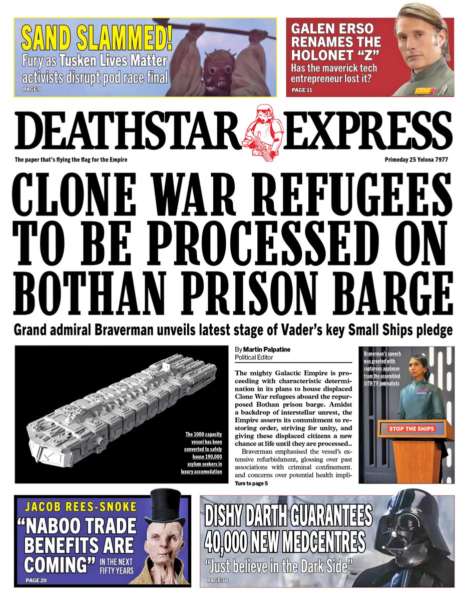 christhebarker's tweet photo. DEATHSTAR EXPRESS: Clone War refugees to be processed on Bothan prison barge #TomorrowsPapersToday https://t.co/55y6uG3mzO
