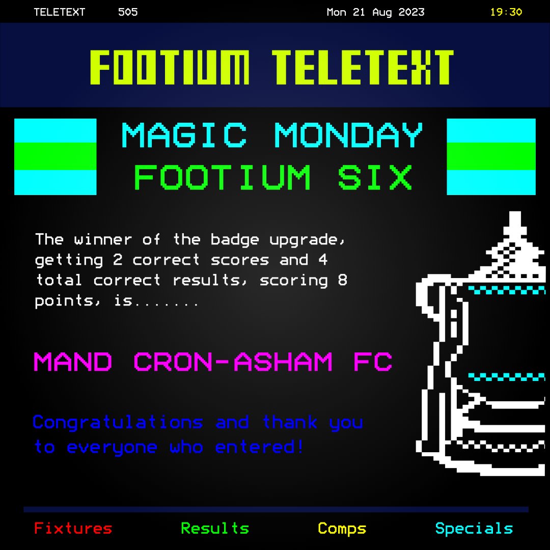 FootiumTeletext's tweet photo. Congratulations to @MandCronAshamFC for guessing 4 correct results, two of which were correct scores and winning a @Footium badge upgrade!!

Thank you to everyone that entered and good luck for next season.

A huge shoutout to #Footium for supplying the badge upgrade!!! https://t.co/xiRAOlanm9