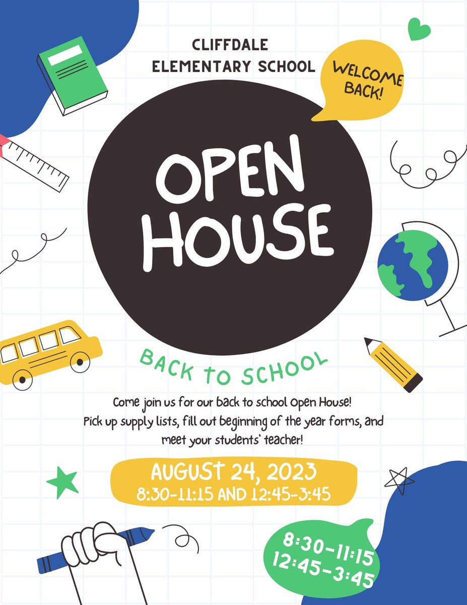 CliffdaleElem's tweet photo. Come join us for our 23-24 school year Open House on August 24 from 8:30-11:15 and 12:45-3:45! https://t.co/fYNBqVBSGF