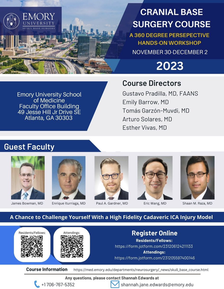 Emory Skull Base Surgery (@emoryskullbase) on Twitter photo Unlock the secrets of Cranial Base Surgery. Join us and learn from our World-class Guest Faculty! <a href="/gpradil2/">Gustavo Pradilla</a> <a href="/GarzonMuvdi/">Tomas Garzon-Muvdi</a> <a href="/EmoryUniversity/">Emory University</a>
med.emory.edu/departments/ne…
#neurosurgery #skullbase #ENT #endoscopy Unlock the secrets of Cranial Base Surgery. Join us and learn from our World-class Guest Faculty! <a href="/gpradil2/">Gustavo Pradilla</a> <a href="/GarzonMuvdi/">Tomas Garzon-Muvdi</a> <a href="/EmoryUniversity/">Emory University</a>
med.emory.edu/departments/ne…
#neurosurgery #skullbase #ENT #endoscopy
