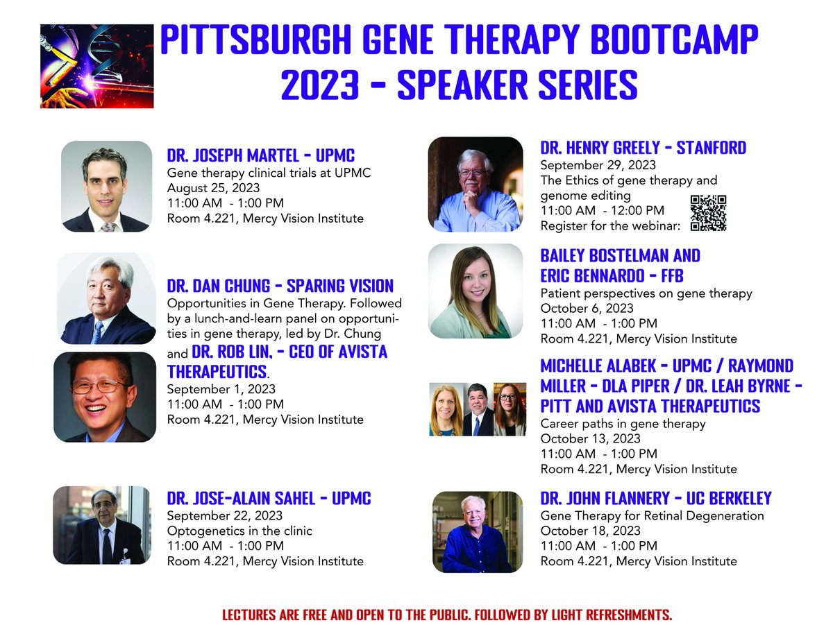 What a lineup! @Pitt_Ophtho @Pitt_Vision @ByrneLabScience @AvistaTx #ophthalmology #pittsburgh #genetherapy #genetherapybootcamp #ethics #freelecture #lecture #optogenetics #careerpaths #retinaldegeneration #patientperspective