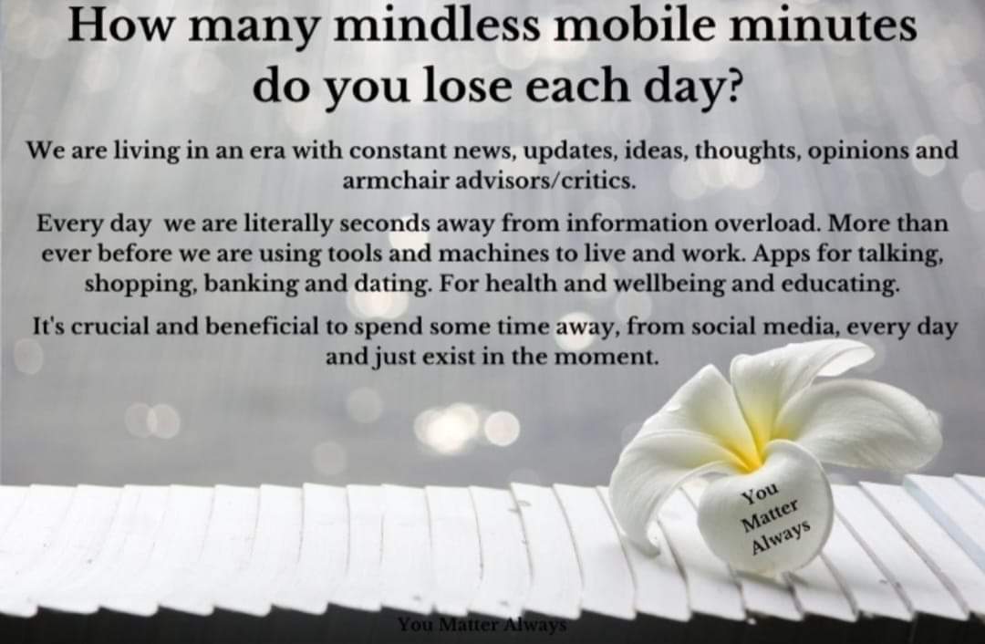 SuzieYMA's tweet photo. How many mindless mobile minutes do you lose each day? 🤔💜🤔 #YouMatterAlways #mindlessmobileminutes #wastetheday #TMTO #selfawareness #selfcare #mindful #switchoff #mindhealth #screentime #screentimechallenge https://t.co/PgPa0DtOfB