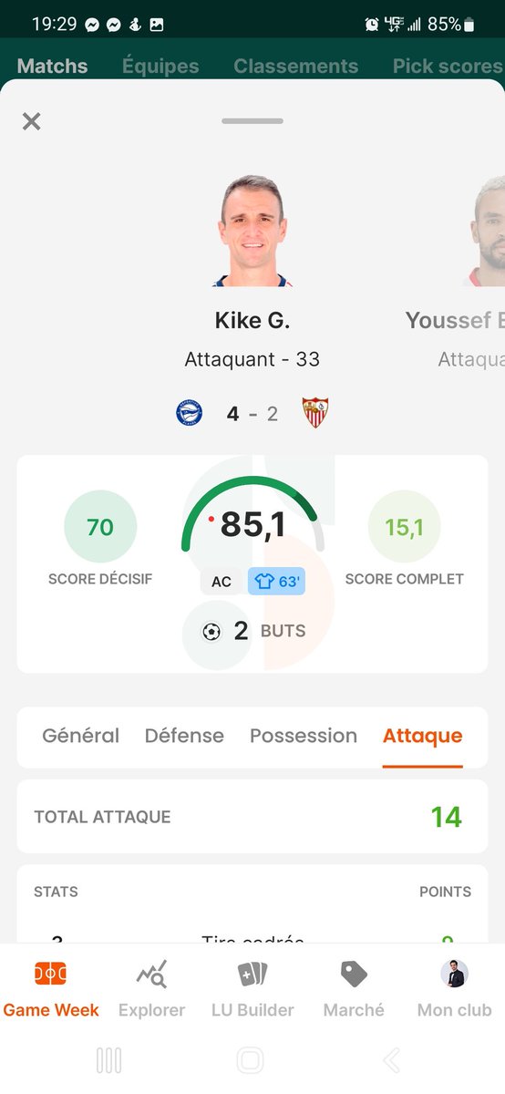 Kike Garcia, acheté hier à 1.7€ après l'annonce de son arrivée à Alaves. Doublé à l'instant face à Seville 😄 #Sorare #Laliga