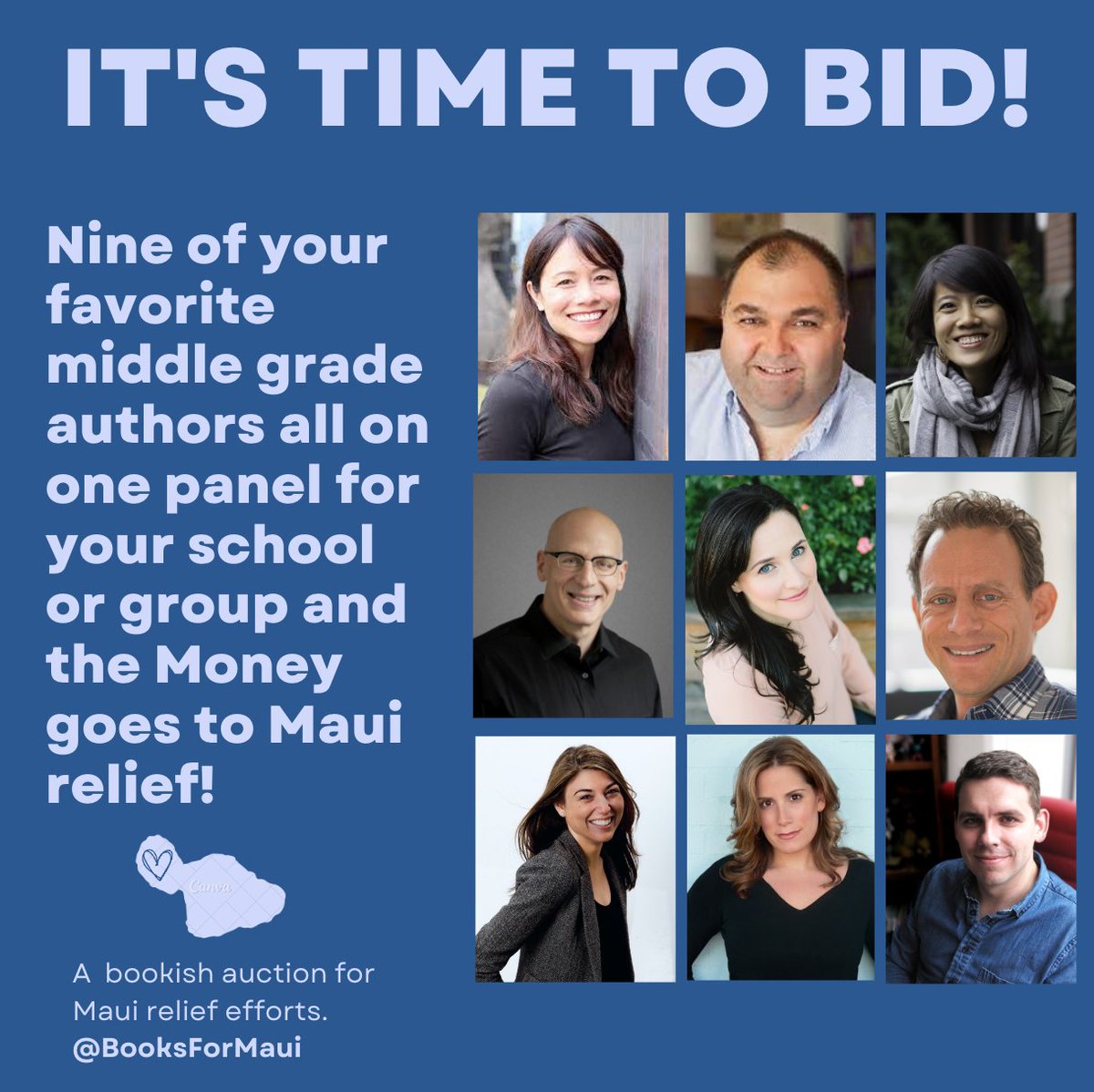 KarinaYanGlaser's tweet photo. Bid to win a virtual visit with me, @AuthorStuGibbs, @soontornvat, @SarahMlynowski, @JamesPonti, @gordonkorman, @juliebux, Max Brallier (Last Kids), &amp; @AlysonGerber. Money goes to Maui relief! #BooksForMaui https://t.co/cGdAPnI2HD