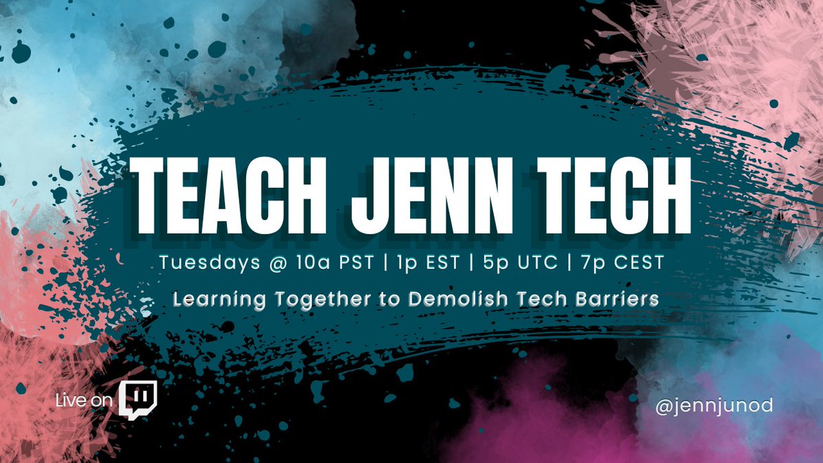 JennJohnC's tweet photo. 🎉 #TeachJennTech has a new time ⏰

Learning together to demolish tech barriers  🛠️💡

🗓️ Tuesdays 
🕙 10a PST | 1p EST | 5p UTC | 7p CEST 
📺 Live on https://t.co/fFIoIhbMfw

Let's learn, grow, and break down those barriers together! 

#techtuesday #TechForAll 🚀🎓 https://t.co/huLcpz0teP