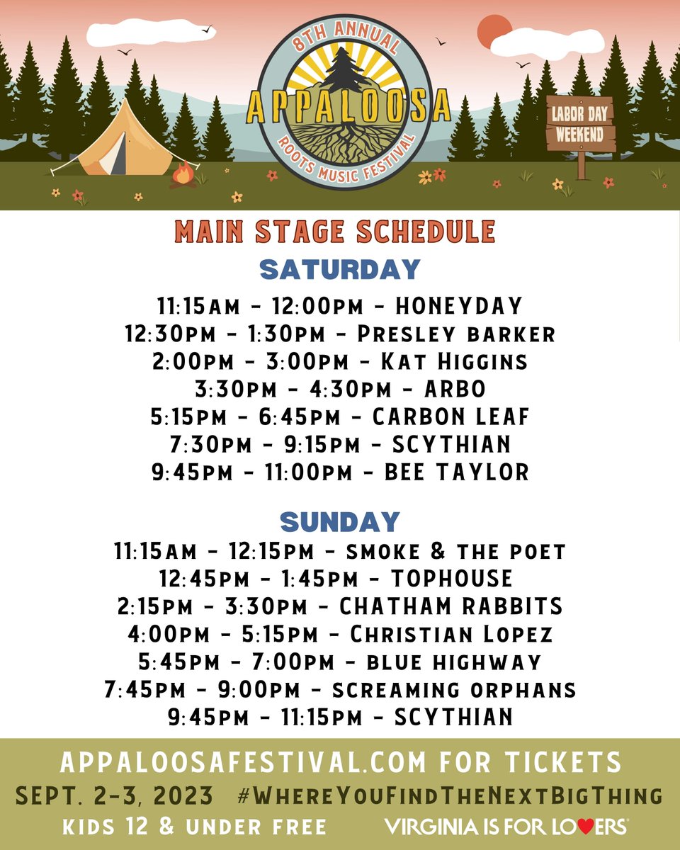 appaloosafest's tweet photo. Appaloosa Festival 2023 Daily Schedule has dropped! 
@VisitVirginia #LoveVA #WhereYouFindTheNextBigThing
@scythianmusic @carbonleaf @screamingorphan @ChathamRabbits @Clopezmusic @BeeTaylorMusic @PresleyBarker_ @LWBBmusic @bendavidwarner @ForeignLanders https://t.co/28BCfx06Sn