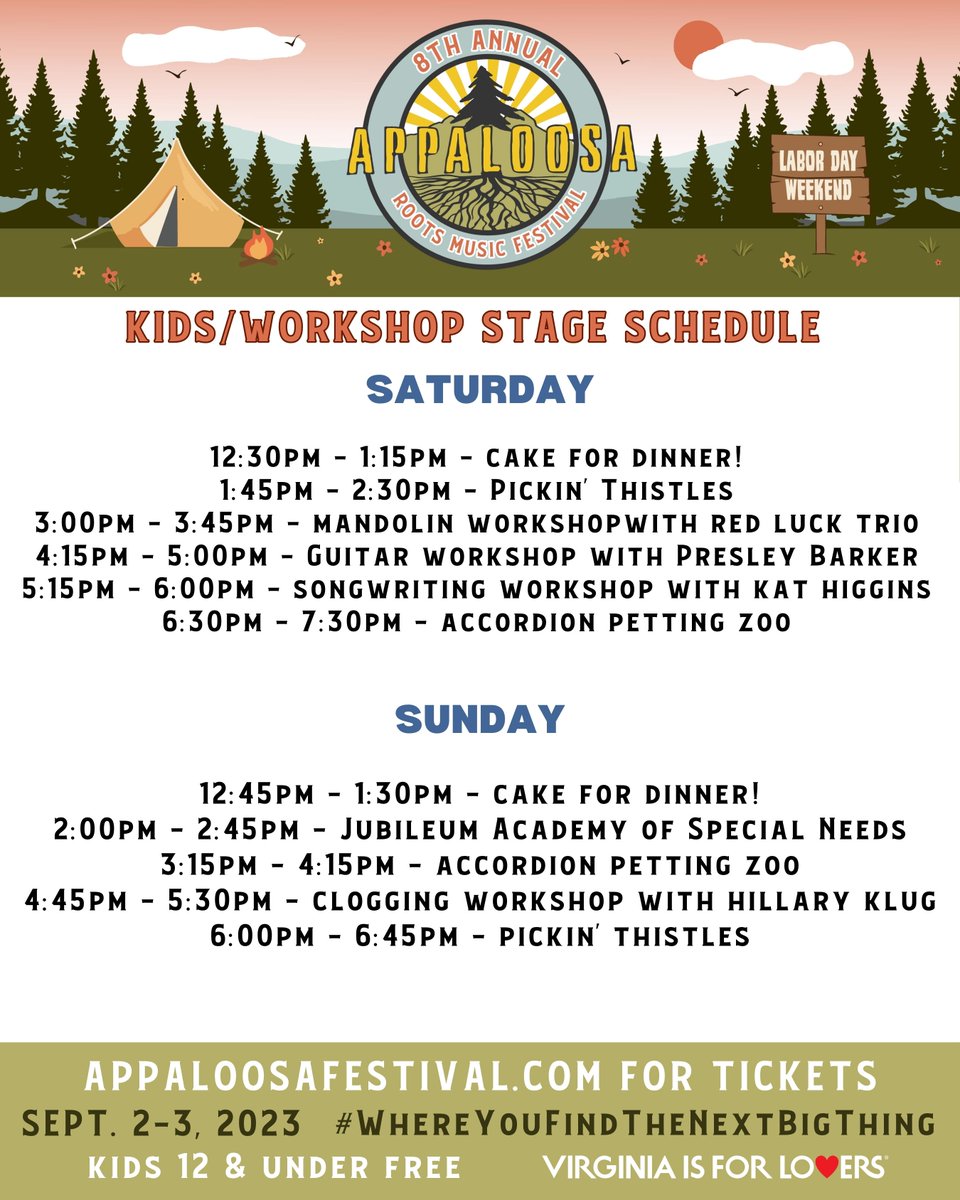 Appaloosa Festival 2023 Daily Schedule has dropped! @VisitVirginia #LoveVA #WhereYouFindTheNextBigThing @scythianmusic @carbonleaf @screamingorphan @ChathamRabbits @Clopezmusic @BeeTaylorMusic @PresleyBarker_ @LWBBmusic @bendavidwarner @ForeignLanders