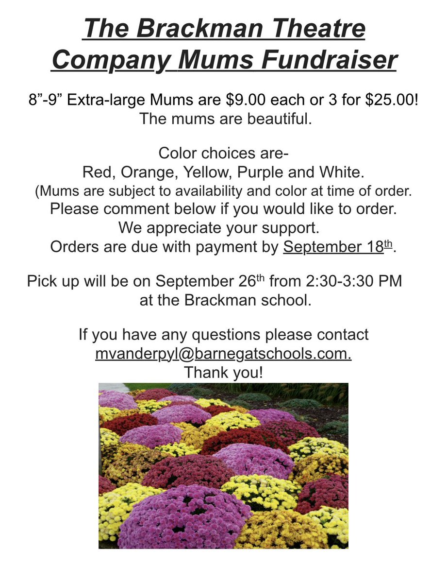 We are selling mums again this year for the Brackman Theatre Company. Please comment below or message me to order!! Orders are due by September 18th and pick up will be on September 26th from 2:30-3:30 at the Brackman School. Thank you for supporting the arts!