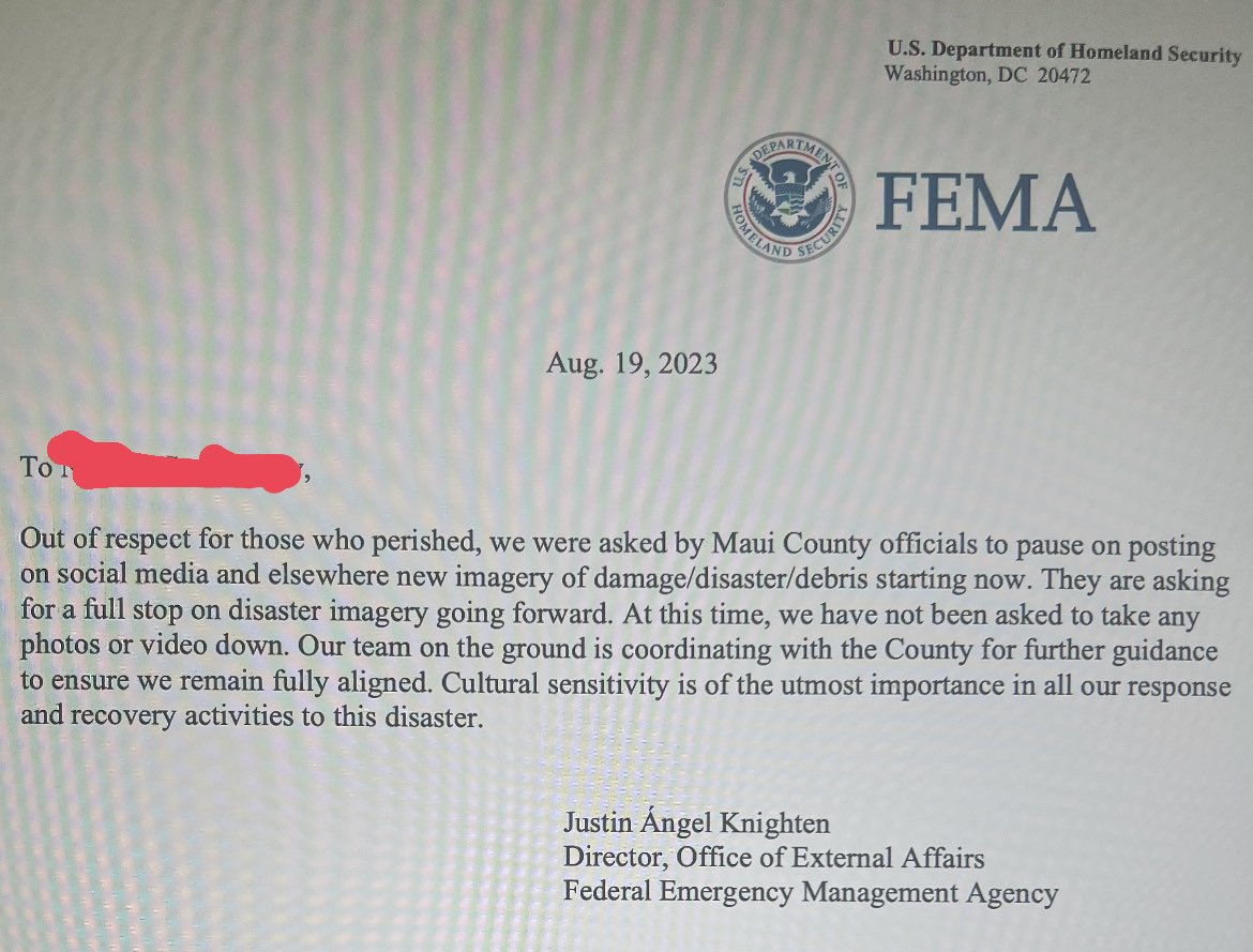 anthonycabassa's tweet photo. EXCLUSIVE 🚨 | A person wishing to stay anonymous has sent me this email by FEMA sent to their nonprofit who is headed to Maui to help with disaster relief. 

They say they are being asked to STOP posting any images or videos while on the ground effective immediately. https://t.co/hdZy5ubwvv