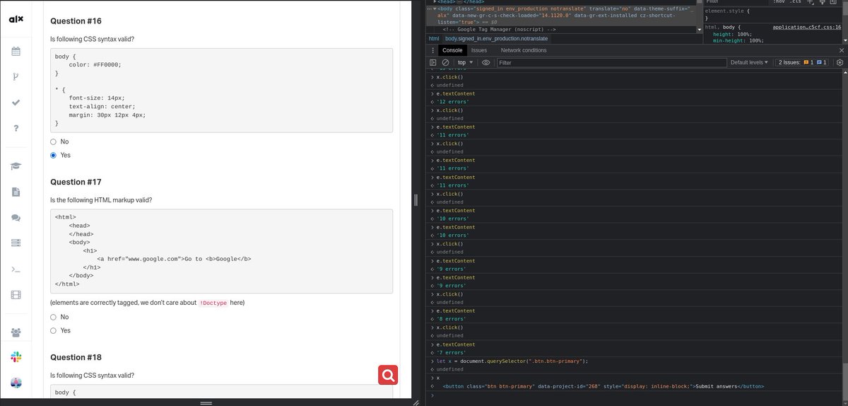 MarioNageh5's tweet photo. Discovering Quiz Questions Errors 😡😡 
Is So Hard In Solving ALX Project

🚀🚀 This Way, Every answer Can Test By Click The Button Throw Js, and Show Results

#CSS #alxafrica #DoHardThings #ALXIntroToSWE #ALX_SE #ALX_cohort13
#0x01_AirBnB_clone https://t.co/tRPDq5IHr1