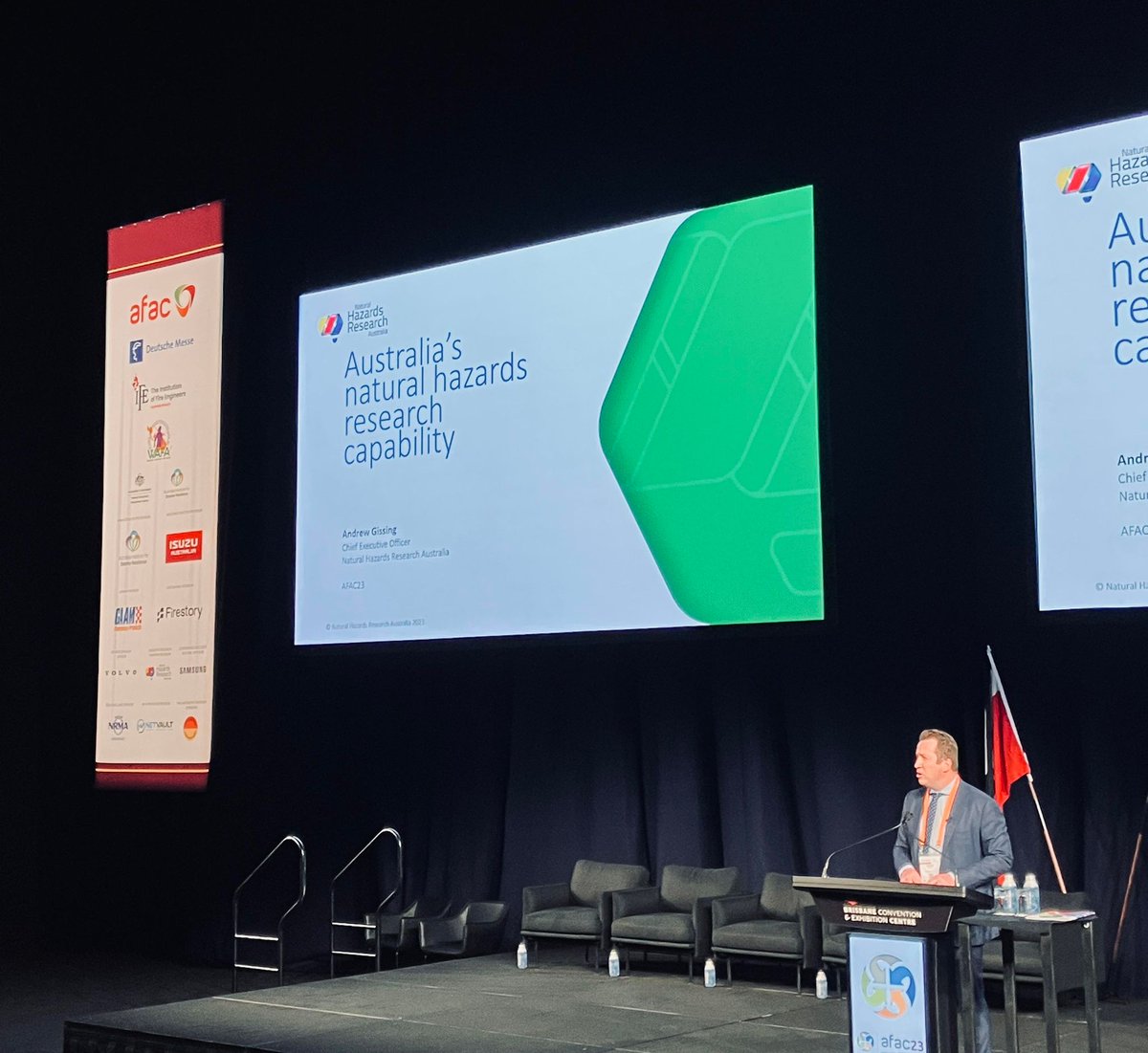 For the rest of the week, we are at #AFAC23 as the Research Partner! Our CEO <a href="/AndeGiss/">Andrew Gissing</a> opened the Research and Innovation Day: "Research and innovation have never been more important in supporting us to confront our challenges - if you're a changemaker, you're in the right room."