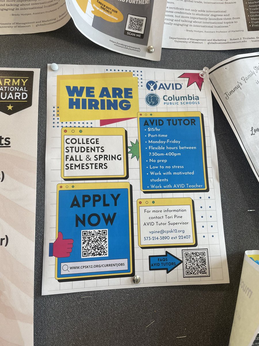 Come work with us! We have part time openings in all secondary buildings. You get to work with our amazing AVID students! Contact me for me information