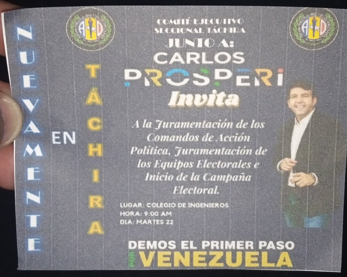 yeritzadelcarm1's tweet photo. El tachira da la bienvenida al próximo presidente de Venezuela, Carlos Prosperi el día de mañana a las 09:00 en el Colegio de Ingenieros, apoyenos a nuestro candidato. https://t.co/WIjPLaafO7