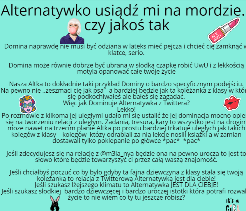 Recenzent_Domin's tweet photo. RECENZJA 06# @m3la_nya
Alternatywa dla klasycznych Domin czyli Alternatywka z Twittera
Czy słodka Altka może być dobrą Dominą?
Czy ta słodka dziewczynka może zawładnąć całym twoim życiem?
Jak to jest być pod stopami uroczej nastolatki?
Dowiedz się czytając recenzje ^^ https://t.co/PUgrkIqFwt