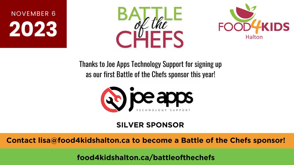 Thanks to @JoeAppsSupport for signing up as our first sponsor for the Food4Kids Battle of the Chefs at the Silver level!!! Contact Lisa at lisa@food4kidshalton.ca to secure your sponsorship today! #battleofthechefs #weekendswithouthunger #nochildgoeshungry #halton