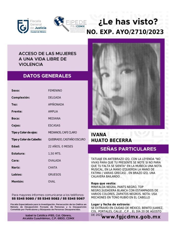 c4jimenez's tweet photo. SE PIDE AYUDA
Para localizar a Ivana Huato Becerra
Tiene 22 años 
Desapareció la madrugada del domingo en @La_Portales @BJAlcaldia
Tenía q ir a casa, pero ya no llegó.
Si la ubica avise a @SSC_CDMX @FiscaliaCDMX o mande MD.
Su familia y amig@s la buscan. https://t.co/9qjCbknAFv