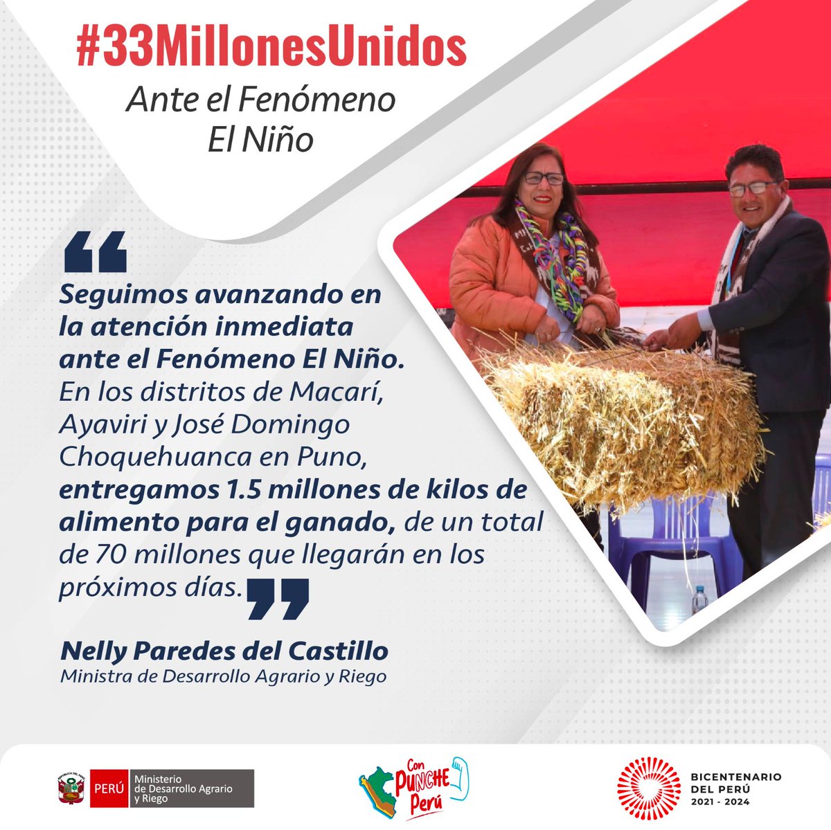 midagriperu's tweet photo. La ministra Nelly Paredes entregó más de 1.5 millones de kilos de alimento para ganado que serán distribuidos en diversas comunidades, distritos y provincias de #Puno, como parte de las acciones para mitigar los impactos del déficit hídrico. 🇵🇪 👏🏻 https://t.co/YfBMeaLM5B
