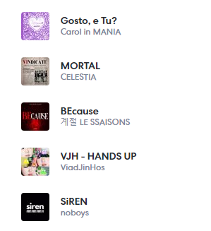 Tu gosta, não gosta? Nossos maníacos favoritos <a href="/whoishkai/">KAI 🍎</a>, @edenpop_, <a href="/ITSNlCO/">NICO 🍒</a> e <a href="/carolnpop/">carol 🐈‍⬛</a> debutam em #1, <a href="/celestia_ofc/">CELESTIA</a> continua imortal em #2, <a href="/LE_SSAISONS_OFC/">레시존 LE SSAISONS</a> continua não pegando o #1 (mas pegou #3)! <a href="/ViadJinHos/">ViadJinHos</a> e <a href="/noboys_npop/">noboys</a> também debutam no nosso top 5!