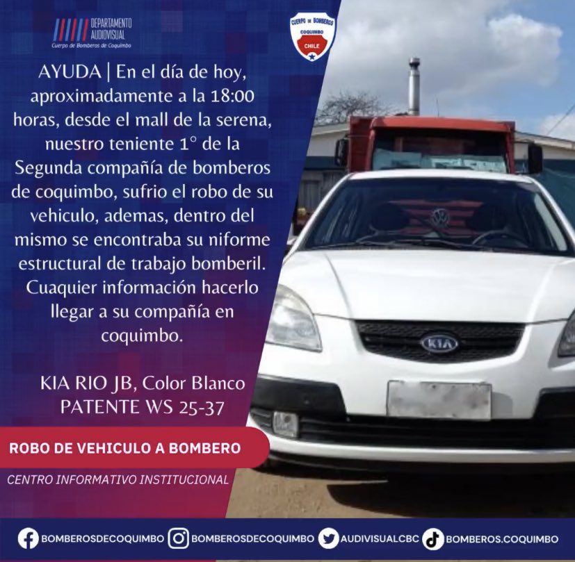 Novenacbc's tweet image. Atención  Región de #Coquimbo Vehículo sustraído a Bombero de la @SegundaCoquimbo desde  el Mall Plaza La Serena @MallplazaCL