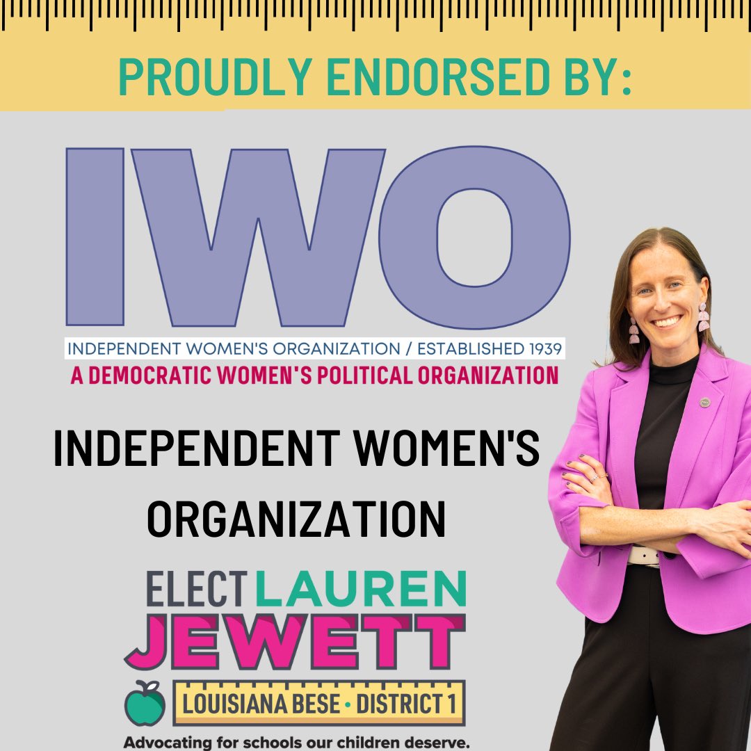 ElectLJewett's tweet photo. I am excited to announce that I have received an endorsement by acclamation from @IWONewOrleans! IWO has a long-standing history of working on issues related to public education. I am proud as a candidate for state school board in earning this endorsement!
#ElectEducators #BESE1 https://t.co/9ZLdzGKioE