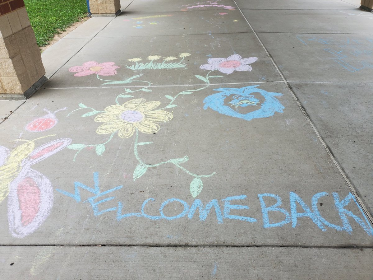 LVEHagen's tweet photo. This morning we were greeted with welcome back chalk drawings made by the students! Great way to start the first day! Even my usual poo parking spot was decorated . #secondgraderocks #lveleads #wsdlearns https://t.co/R14Hxr59Qv