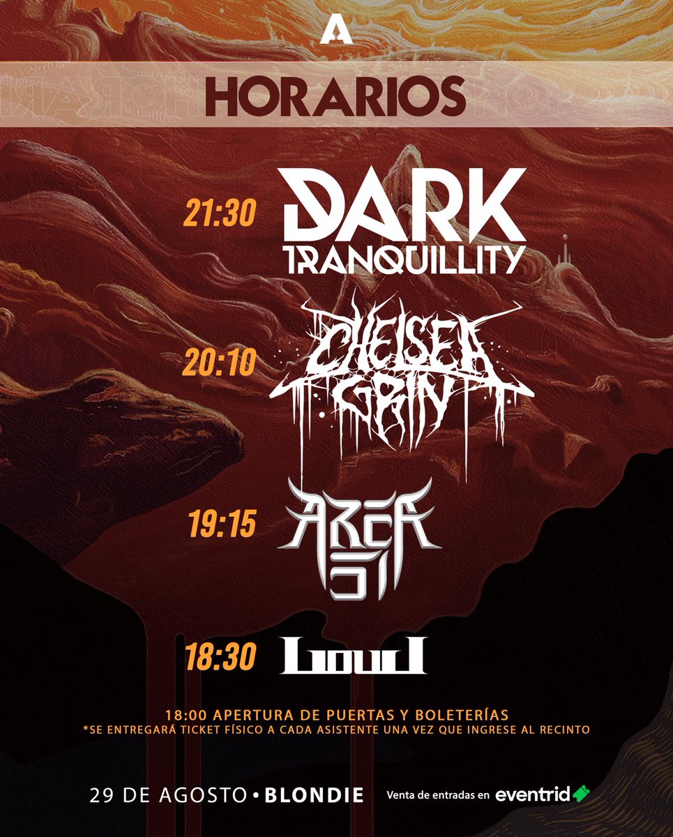 HEADBANGERS LATINOAMERICA (@headbangerslat) on Twitter photo Solo 1 semana nos separa del regreso de <a href="/dtofficial/">Dark Tranquillity</a> en Chile, este proximo 29 de Agosto en Blondie. 🔥
🔥Aquí los horarios🔥 Solo 1 semana nos separa del regreso de <a href="/dtofficial/">Dark Tranquillity</a> en Chile, este proximo 29 de Agosto en Blondie. 🔥
🔥Aquí los horarios🔥