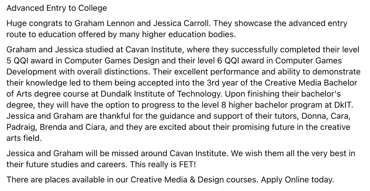 CavanInstitute's tweet image. Huge congrats to Graham Lennon &amp;amp; Jessica Carroll. They progress to 3rd year of the Creative Media degree in @dkit_ie from @CavanInstitute #AdvancedEntry

There are places available in our Creative Media &amp;amp; Design courses.
cavaninstitute.ie/creative-media…

#ThisIsFET  #Progression ⬇️