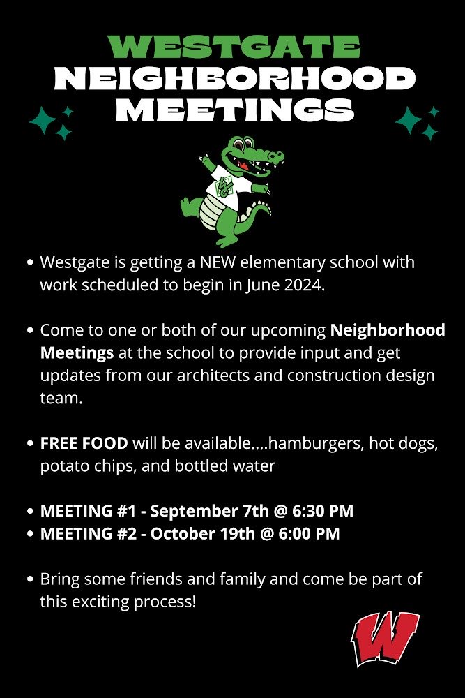 Come join us on Sept 7th and October 19th to listen to updates and provide input for our new school!