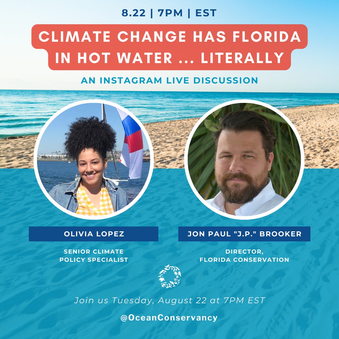 Climate-driven ocean warming is occurring around the world. In July, 101° water was recorded off the coast of Florida. 🚨

Join us LIVE on Instagram tomorrow, 8/22 to learn about what's happening and what we can do to collectively see change!  🌊 ⤵️ 🌊