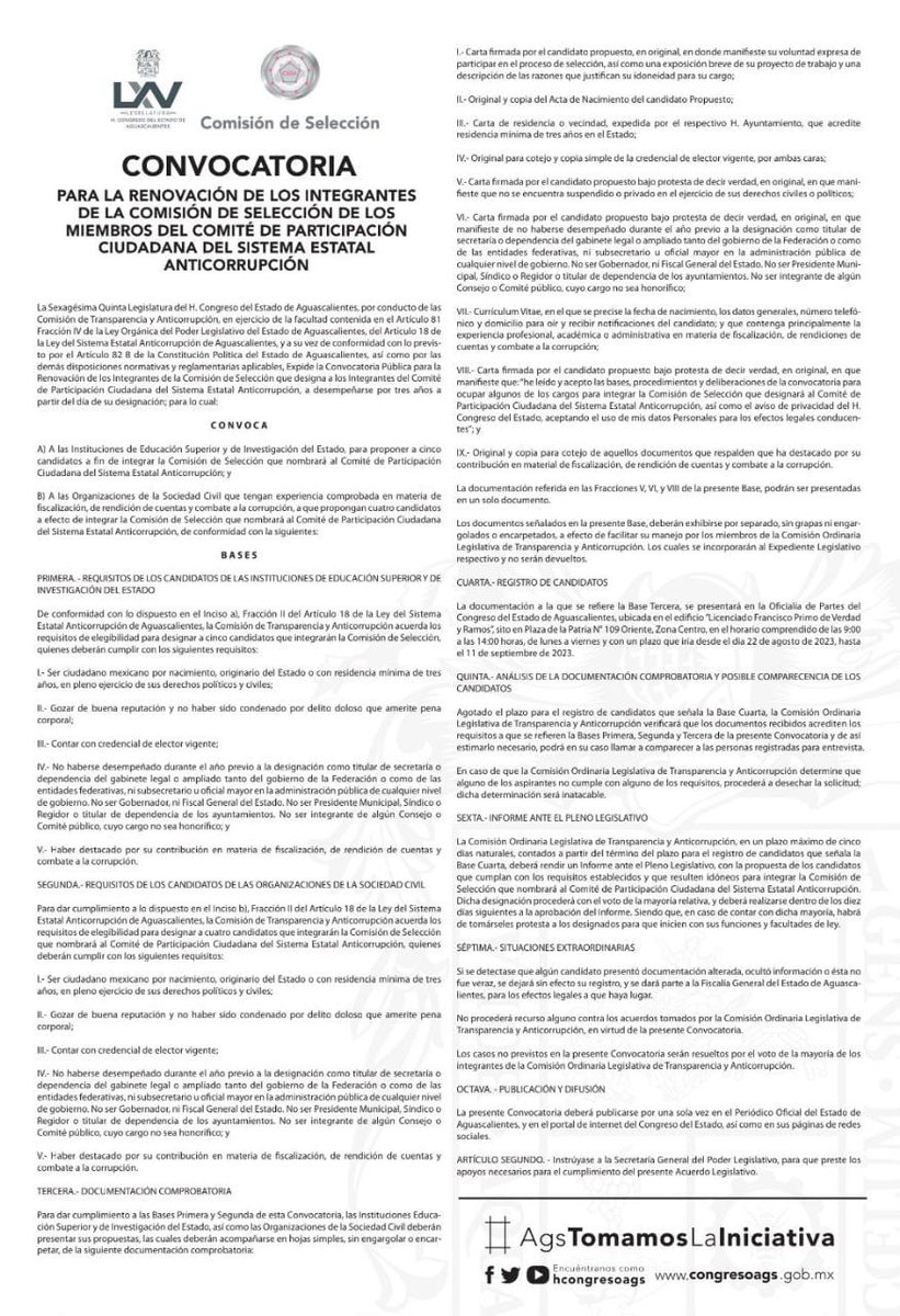 cpcseaags's tweet photo. Para seguir combatiendo la corrupción en #Aguascalientes, necesitamos del esfuerzo de todos.

Convocatoria para la Renovación de los Integrantes de la Comisión de Selección de los Miembros del Comité de Participación Ciudadana del Sistema Estatal Anticorrupción. https://t.co/8mM5RsIleA