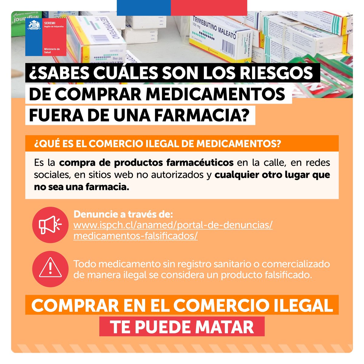 SaludSsrv's tweet photo. ⚠️ ¿Conoces los riesgos de salud al consumir medicamentos comprados en la calle? 🤔 Más información a continuación.

Ayúdanos a prevenir el comercio ilegal de medicamentos 🙌🏻 

🚨 Denuncias en el siguiente link: https://t.co/wzMa1GHreW

#PresentesPorUnMejorFuturo https://t.co/qEWeQhQPGF