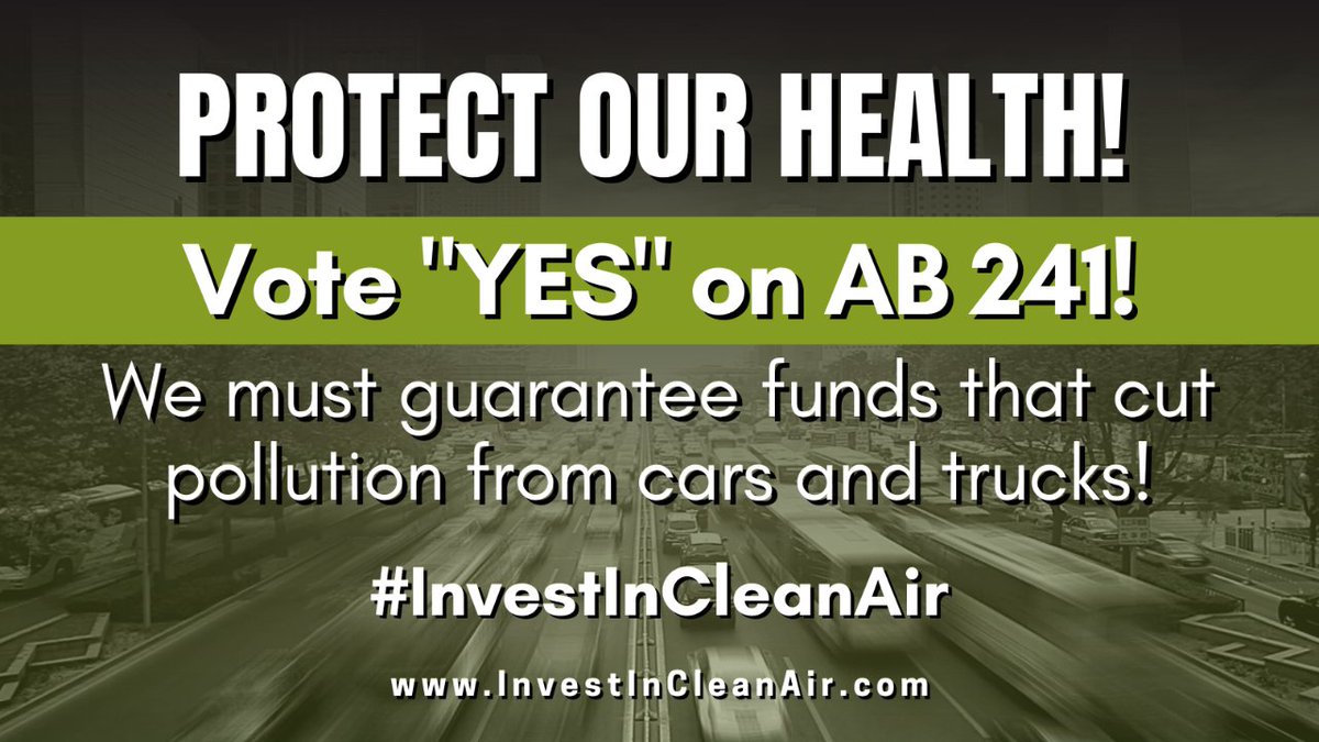 Support the health of #CA's environmental justice communities! #CALeg can #InvestInCleanAir by VOTING 'YES' on #AB241. Let’s guarantee that our equitable, sustainable, clean transportation programs continue! ✅investincleanair.com/letter-to-the-…