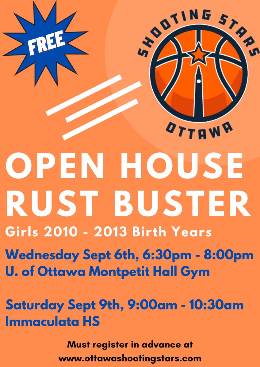 Attention all female players born between 2010-2013. Were offering a FREE open house event for players on Sep 6 &amp; 9th. Shake off the rust and get ready for the 2023-24 season. Visit ottawashootingstars.com to secure your spot today!