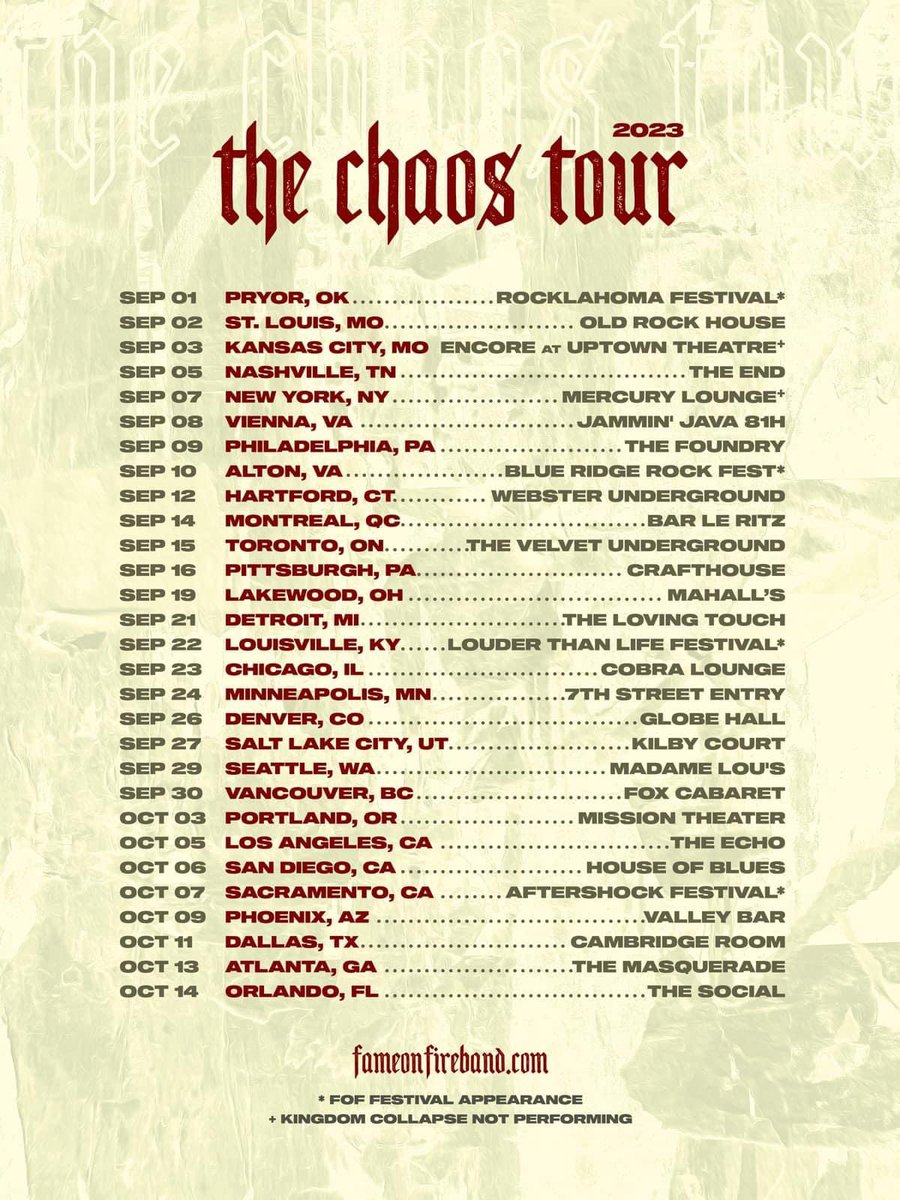 RiffMediaGroup's tweet photo. September 1st is almost here and that means @kingdomcollapse is heading out with @fameonfire on The Chaos Tour! Let us know where you’ll see them and if you still need tix you can still get ‘em https://t.co/hfAG94kowG #kingdomcollapse #fameonfire #thechaostour #rockshow https://t.co/xoEXYJ6I8u