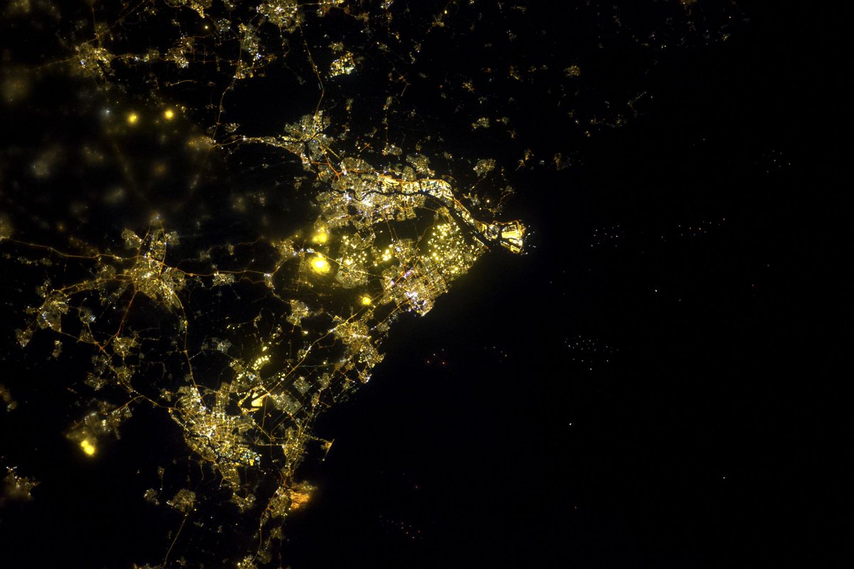Rotterdam and the Hague, #Netherlands, at night with lights from waiting off-shore ships. My then mission crewmate @astro_andre has a beautiful homeland! Captured with Nikon D3s, 85mm f1.4, 125th second, ISO 6400, Exp 30; 2012.