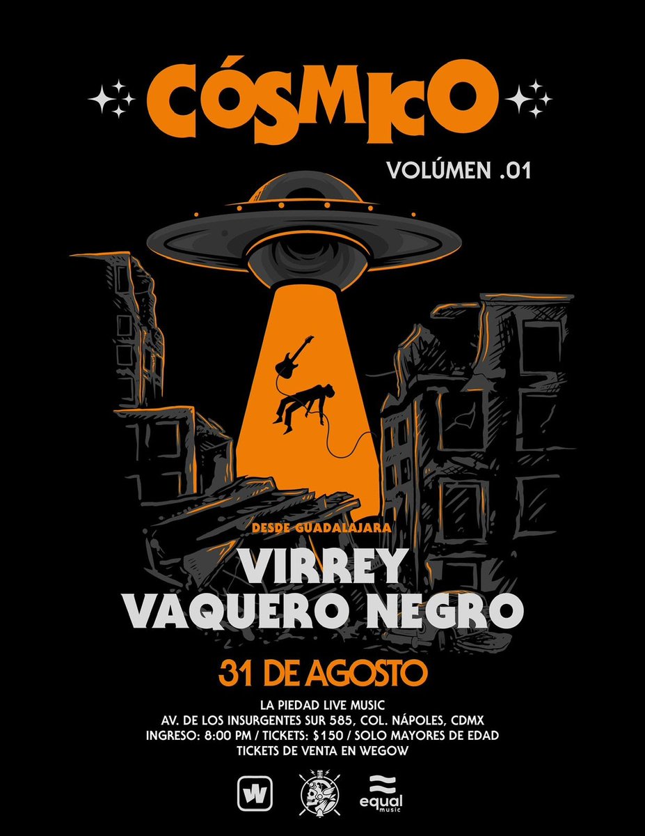 BlancaLechuza's tweet photo. Este próximo 31 de agosto #LaPiedadLiveMusic recibirá el #CósmicoVol1 con dos poderosas bandas: @MusicVirrey y @vaquero_negro en punto de las 20:00 horas.
Boletos en: https://t.co/f75q7Yj0Ti
@frequencymx/#EqualMusic
#VirreyMusic #VaqueroNegro #Conciertos https://t.co/TS7rZammQo