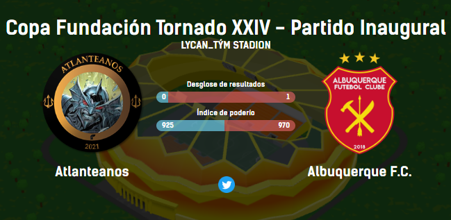 El partido Inaugural de esta Copa Fundación Tornado será entre Atlanteanos de <a href="/desplazadores/">Desplazadores</a> Group y el Albuquerque FC de <a href="/Igoyaba/">Igoyaba 🦑☭</a> 

Éxitos para ambos equipos!

El streaming del partido: hattrick.org/goto.ashx?path…