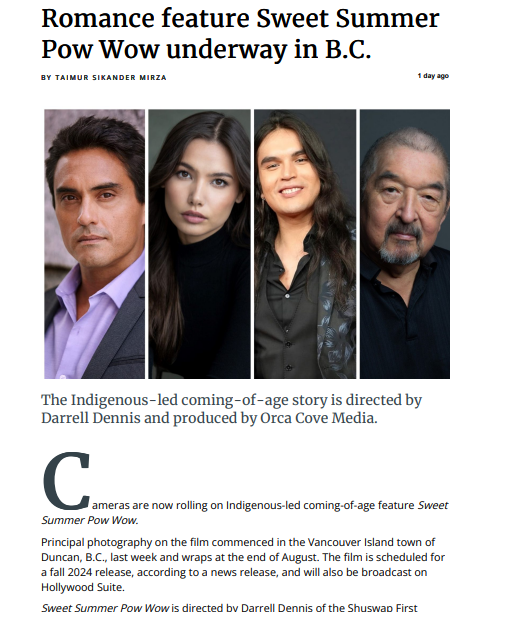 OrcaCoveMedia's tweet image. Read Playback's article on Sweet Summer Pow Wow, our new feature film currently in production!

Read below or click the link to read online (subscription needed): playbackonline.ca/2023/08/14/rom…

Image: Behind the Scenes, Cowichan Valley BC by Gavin Andrews movingimagery.ca