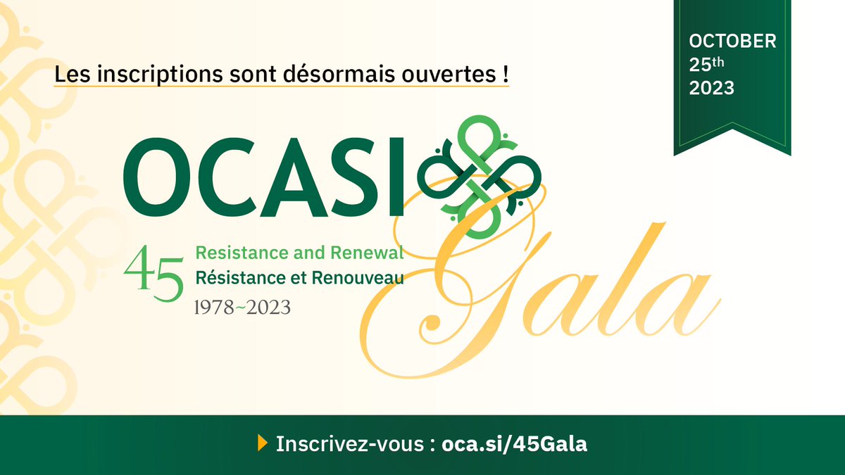 OCASI_Policy's tweet photo. 🎉 Réservez la date ! 🗓️ Joignez-vous à nous le 25 octobre 2023, au Pan Pacific Toronto, pour fêter 45 ans de travail et d'impact d'OCASI. Soyez des nôtres à ce gala mémorable, assurant votre place dès maintenant : https://t.co/gPodR8qVvS
#OCASI45 https://t.co/X1xsUr75CJ
