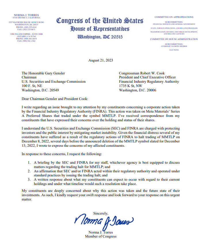 FreeCommercials's tweet photo. $MMTLP 🚨🚨 BREAKING NEWS: Congresswoman @NormaJTorres (D-CA) has joined our cause and sent a letter to @FINRA and @SECGov demanding a timeline for resolution! This letter is the result of countless hours of persistent work by @timelessla__ and myself. I want to thank him for trusting me to help with this, and for all of his efforts.

Ladies and gentlemen, let each victory, no matter the size, fuel the flames of our determination. WE MUST CONTINUE THE FIGHT.