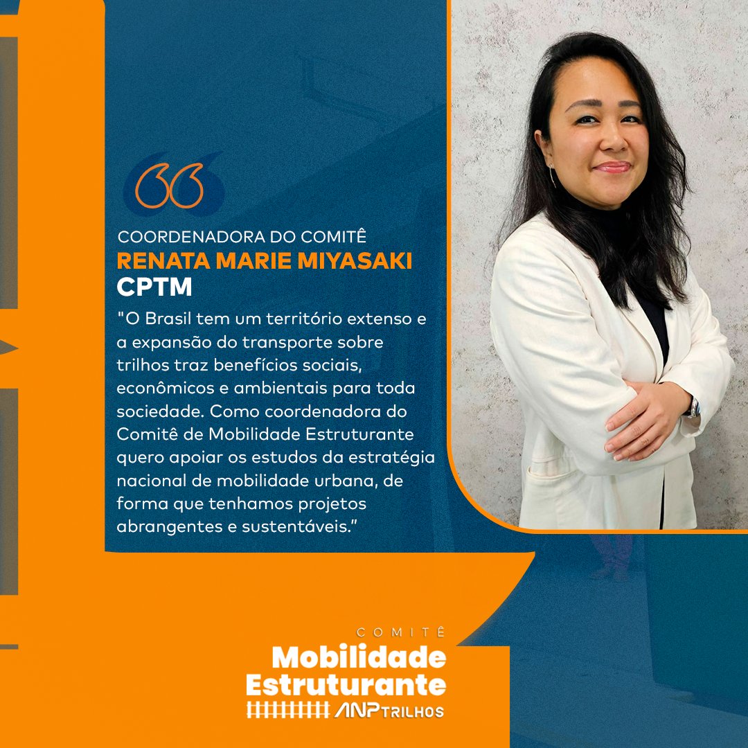 ANPTrilhos's tweet photo. O Comitê de Mobilidade Estruturante da ANPTrilhos acompanha o desenvolvimento do Estudo Nacional de Mobilidade Urbana e é coordenado por Renata Marie Miyasaki, Gerente de Planejamento da Mobilidade e Gestão do Território da @CPTM_oficial
#ANPTrilhos #comitesanptrilhos https://t.co/R7N2yoTXDC