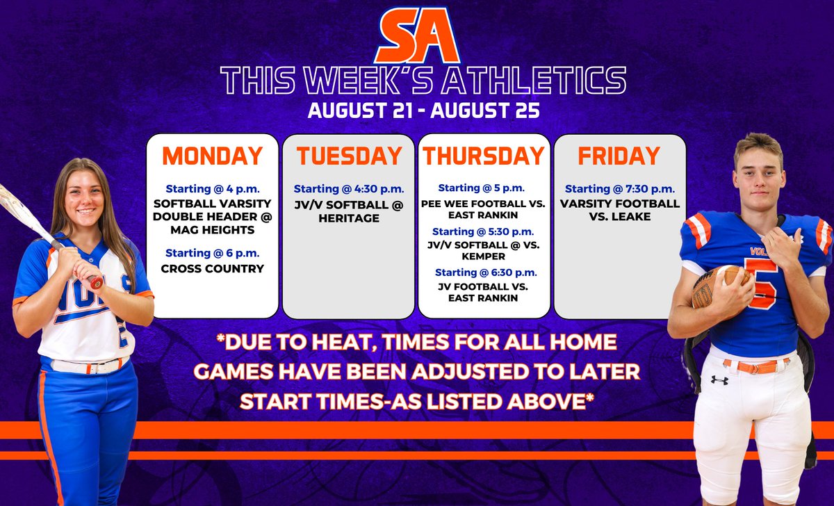 gosavols's tweet photo. *DUE TO HEAT, TIMES FOR ALL HOME GAMES HAVE BEEN ADJUSTED TO LATER START TIMES-AS LISTED ABOVE* #GoVols https://t.co/pfANcXZck5