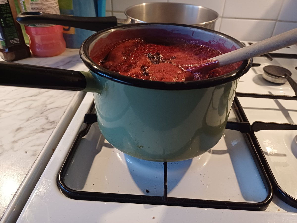 kendie's tweet photo. My first attempt at jam making ... blackberry, ginger and some warming spices! Happy that I got use the old green saucepan (inherited from previous owner of my house). They were perfect, heavy bottomed and nothing burnt. #makingjam #jammaking https://t.co/2q6Kw484qx