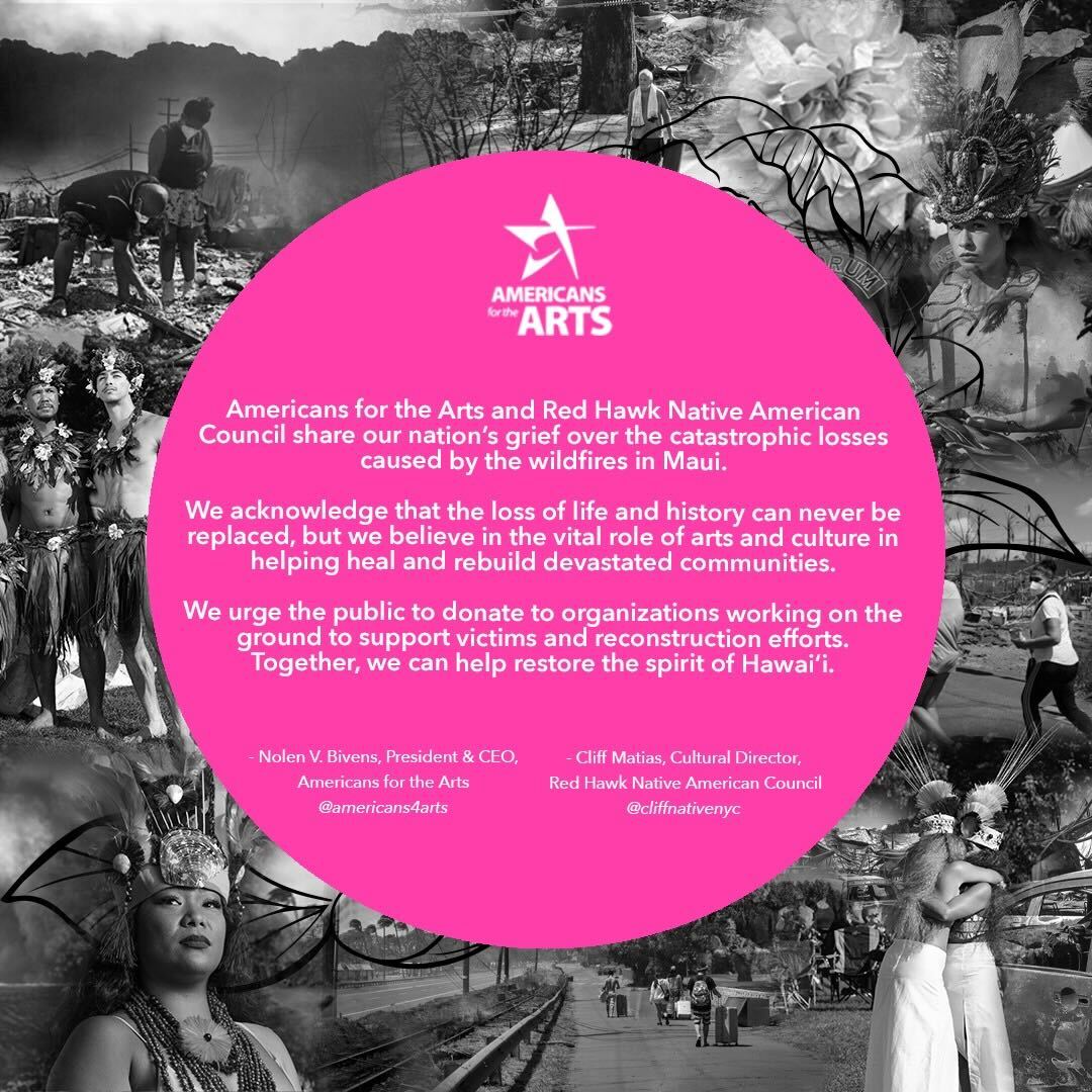 Americans4Arts's tweet image. We can’t help but express our grief for the devastating wildfires destroying the land of Maui. In partnership with the Redhawk Native American Arts Council, we urge our communities to please donate.

Learn more about resources where you can donate: bit.ly/3qI19CU