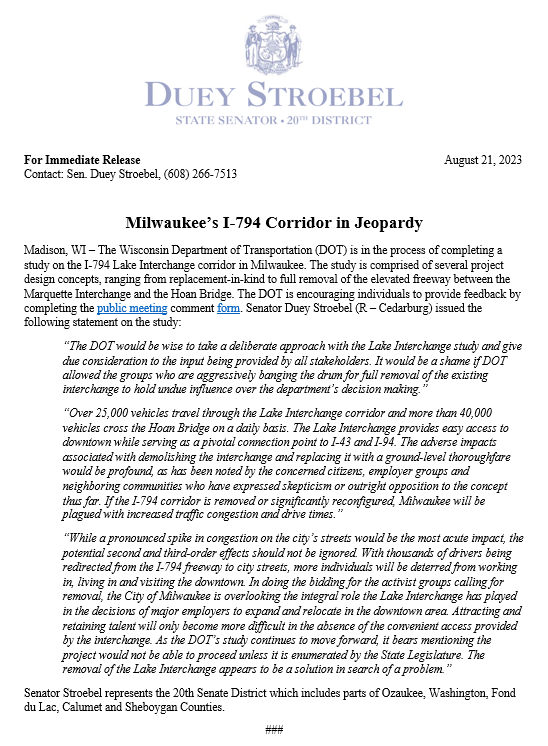 Duey_Stroebel's tweet photo. .@WisconsinDOT is in the beginning stages of the 'Lake Interchange Study,' which includes a proposal that would eliminate portions of I-794 and redirect thousands of drivers from the freeway to city streets. You can share your thoughts on the project here: https://t.co/nGDIpw7FLC https://t.co/gLY9MdMF2f