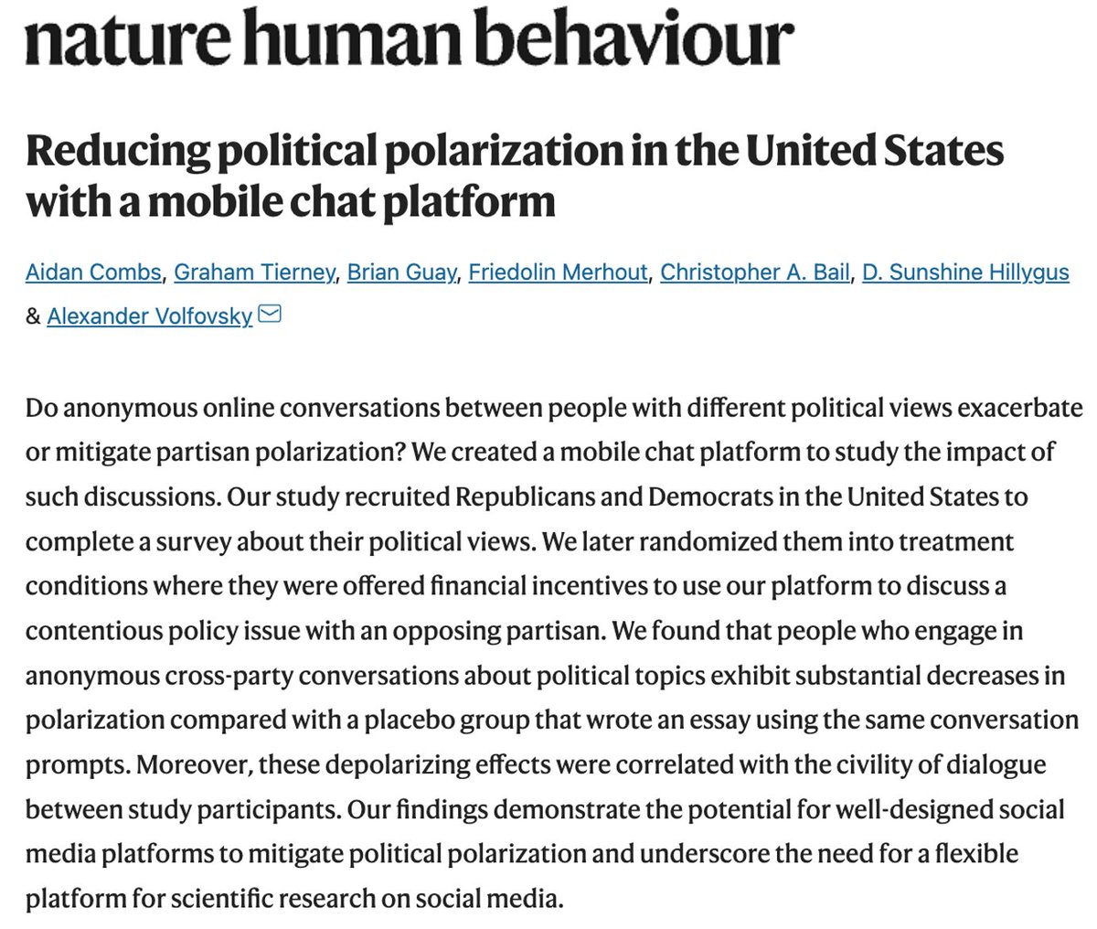 🚨New paper🚨 out <a href="/NatureHumBehav/">Nature Human Behaviour</a> today!

w/ the <a href="/polarizationlab/">polarizationlab</a> <a href="/DukeU/">Duke University</a> 

What happens when strangers from opposing political parties are paired together to chat about politics online?

Answer: mostly good things!

nature.com/articles/s4156…

ungated: osf.io/preprints/soca…