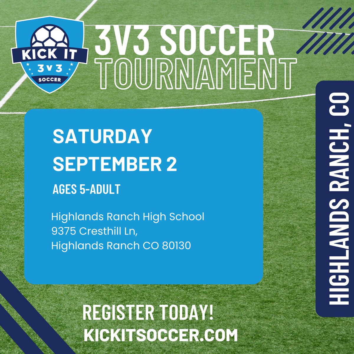 KickIt3v3Soccer's tweet photo. We can't wait to see you at the Laun Spriggs Memorial Event on September 2 in Highlands Ranch, CO ⚽️⚽️⚽️  Register today at https://t.co/z09zAWE0DK https://t.co/Jefg5NyhFz