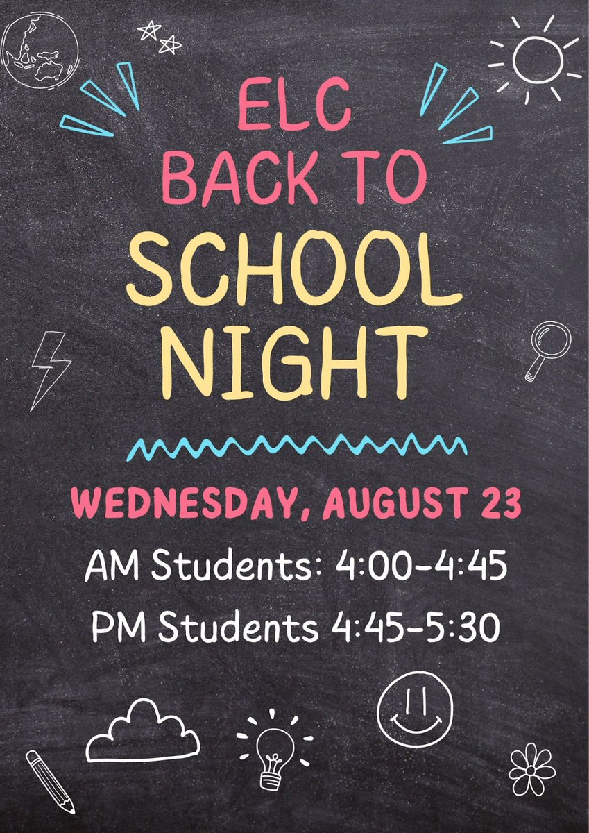 deanne_ELC's tweet photo. Just a reminder that Back to School Night is Wednesday at the ELC!  What a great opportunity to have your child see their classroom! Hope to see you there 😊 https://t.co/RJW7FYlJdu